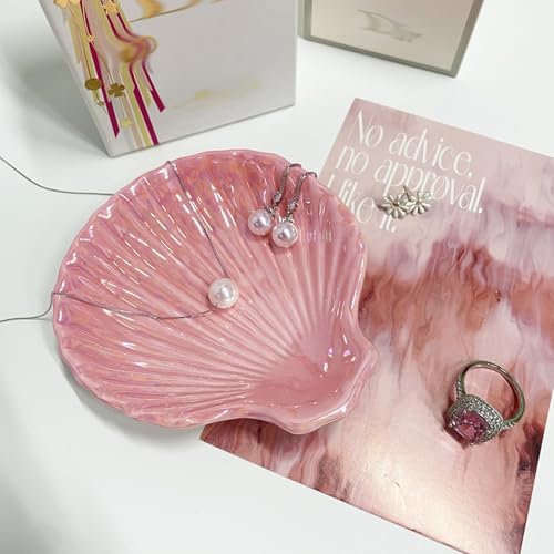 Shell Shape Ring Holder Dish, Seashell Jewelry Dish Tray, Ceramic Trinket Tray for Rings Earrings Necklaces Bracelet, Birthday Christmas Gift for Mom Friend Sister, 3.9", Pink Iridescent Surface - Image 3