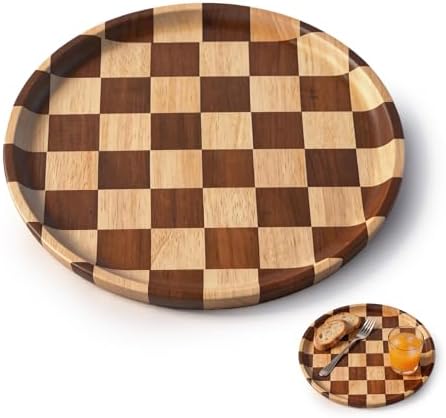 11 Inch Checkered Tray Round Wooden Trays for Decor, Acacia Wood Decorative Plate for Coffee Table, Kitchen Counter, Bathroom Vanity, Candle Holder & Table Centerpiece by Unknown