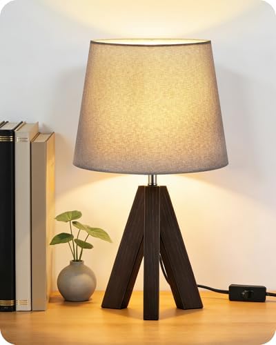Tripod Table Lamp, 14.6" Small Bedside Lamp, Modern Nightstand Lamp with Gray Shade & Dark Walnut Base, Boho Desk Lamp for Bedroom, Kids Room, Living Room, Study, E26 Socket, VH51TL05 by GOEBLESON