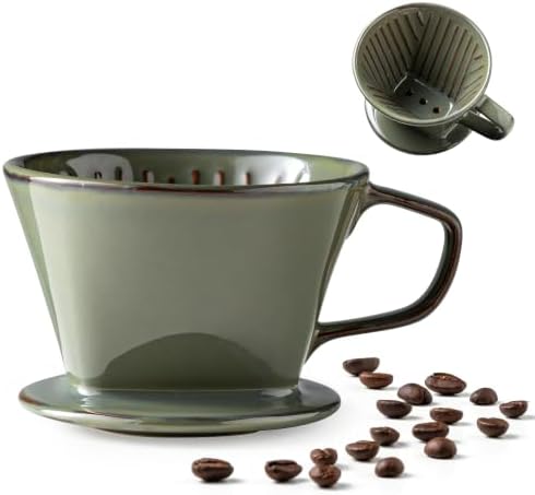 Gomakren Ceramic Pour Over Coffee Dripper, 3-Hole Cone Brewer, Olive Green by Gomakren