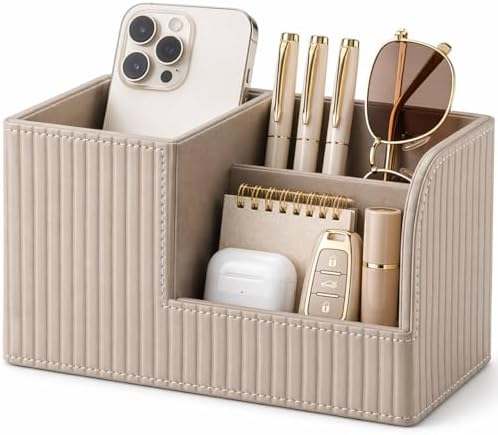 KINGFOM Desk Pen Organizer Office Supplies Caddy Pu Leather Multi-function Storage Box Pen/Pencil,Cell phone, Business Name Cards Remote Control Holder (Mocha Beige) by KingfomLeatherHomeOfficeDecor