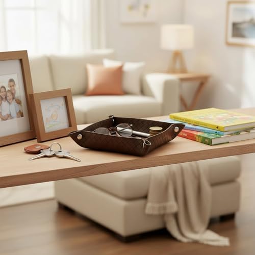 UnionBasic Small Valet Tray, Jewelry Tray for Rings Watches Earrings, Entryway Catchall Caddy for Coins Keys Change, Nightstand Bedside Valet Holder, Trays for Electronic Gadgets, Woven Coffee - Image 4