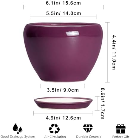 Ceramicfor Ceramic Pots for Plants 6 Inch - Ceramic Plant Pots with Drainage Hole and Saucer, Glaze Round Planter for Succulent Plants, Gifts for Plant Lovers, Garden Home Decor, Purple - Image 3