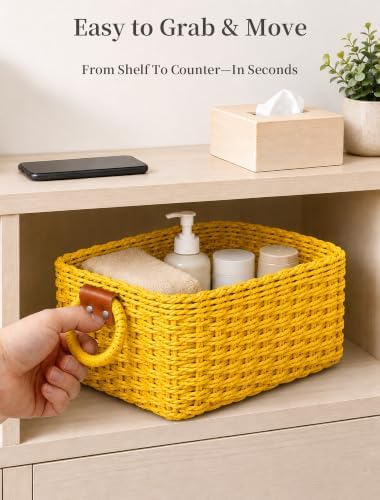 Small Wicker Baskets, 3 PCS Paper Rope Baskets for Shelves, Yellow - Image 5