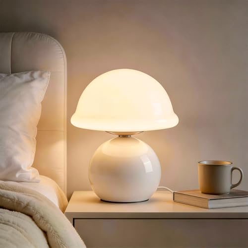 Glass Mushroom Lamp, Dimmable Bedside Table Lamp (White) by Komothala