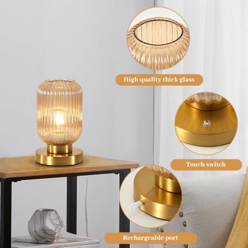 Rechargeable Amber Glass Table Lamp,Vintage Ribbed Bedside Lamp - Image 2