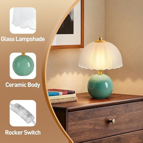 PARTPHONER Mushroom Table Lamp, Ceramic Bedside Lamp with Glass Shade, 3-Way Lighting (2700K-5000K) Rocker Switch, Small Nightstand Lamp for Bedroom, Living Room, Office, Green - Image 4