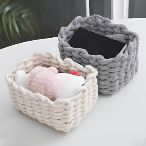 Woven Cotton Rope Storage Basket,Mini Woven Rope Storage,Generic Cotton Rop-e Small Rectangle Storag-e Basket | Natural Wove-n Desktop Organizer for Cupboard, Nursery Decor (khaki) - Image 5