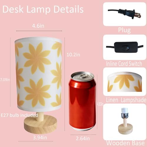 Small Bedside Night Table Lamp∣Inline Control & 3 Brightness Levels∣Yellow Flower-Patterned Shade Bedside Lamp for Bedroom,Living Room,Study,Dorm,Home Office,Baby Room & Kitchen - Image 3