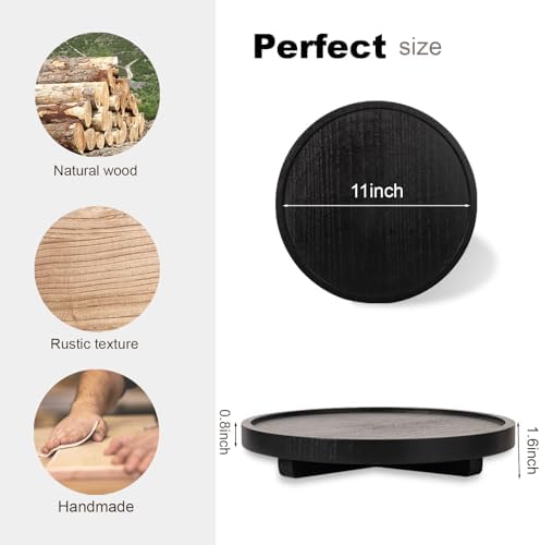 Round Decorative Tray Wood Bathroom Counter Organizer Farmhouse Kitchen Decor Wooden Riser for Soap Dish, Perfume, Candle, Sponge, 11" - Black - Image 3