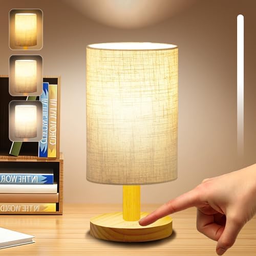 Small Touch Table Lamp for Bedroom, Portable LED Desk Lamps, 3 Color Stepless Dimming Up, Wood Base Round Flaxen Fabric Shade for Kids Room, Living Room, College Dorm, Home, Office by Unknown