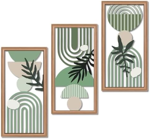 Putuo Decor Boho Wall Art Set of 3, Green Botanical Wooden Wall Decor, Abstract Aesthetic Room Decorations, Mid-Century Modern Artwork for Living Room, Bedroom, Office Green 16.5 x 8.6 inch by PUTUODECOR