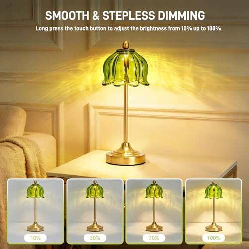 Small Tulip Cordless Table Lamp, LED Touch Accent Lamp with Amber Glass Shade, Dimmable Vintage Table Lamps for Bedroom, Kitchen, Nightstand, Restaurant - Image 4