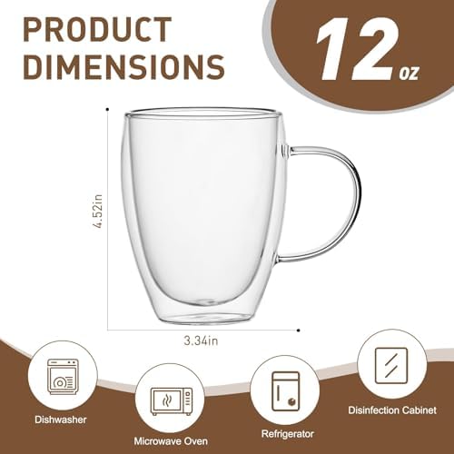 4-Pack 12 Oz Double Walled Glass Coffee Mugs with Handle, Insulated Layer Coffee Cups, Clear Borosilicate Glass Mugs, Gift for Cappuccino,Tea,Latte,Espresso,Hot Beverage,Wine, Microwave Safe, Set of 4 - Image 2