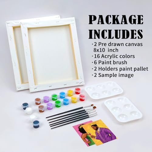 VOCHIC Pre Drawn Canvas to Paint for Adults 2 Pack 8x10in Couples Painting Party Kit Paint and Sip Valentine's Day Date Night Art Set African American Couple - Image 5