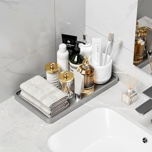 Weenson Bathroom Vanity Tray for Countertop Decor Perfume Makeup Toiletries Toilet Tank, Large Bamboo Kitchen Tray for Spice Salt, Serving Tray for Food Coffee, Nightstand Candle Silver 14.2”x8.3” - Image 2