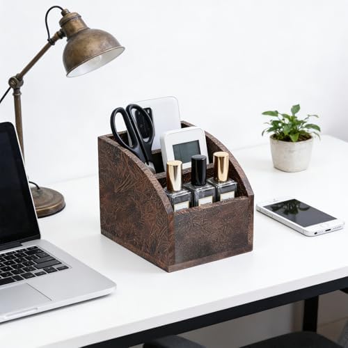 Rustic Vintage Wooden Desk Organizer Farmhouse Wood Remote Control Caddy 3 Slot Tabletop Desktop Office Supply Storage Rack Desktop TV Remote Control Holder Home Decor Office Supplies (Metallic color) - Image 3