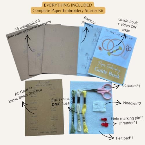 Paper Embroidery Kit for Beginners, Flower Hand Embroidery on Kraft Notebook DIY Craft Kit for Adults Teens with Pre-Printed Patterns, Complete Embroidery Supplies, 3 Simple Stitches, Handmade Gift - Image 2
