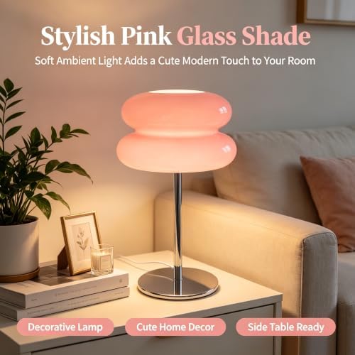 Bedroom Mushroom lamp, Medieval Modern Bedside Table lamp, dimmable Retro Egg Tart Headlight, Unique Home Mushroom Decoration Aesthetic Lovely Living Room Desk lamp (Pink) - Image 3