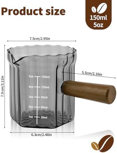 Espresso Measuring Cup 5 Oz, Espresso Glass Cups with Wood Handle, Milk Frothing Cup, Espresso Cup for Coffee, Milk, Tea or Maple Syrup Serving (Gray, 5 oz) - Image 2