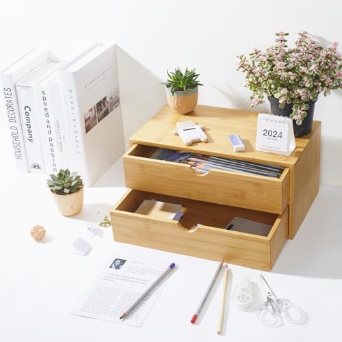 Charmewooden Bamboo Desk Organizer with Drawers, Countertop Organizer with Drawers Makeup Storage Drawer 2 Drawers Tabletop Storage Organization Box Home Office Workspace Bathroom Toiletries Supplies - Image 5