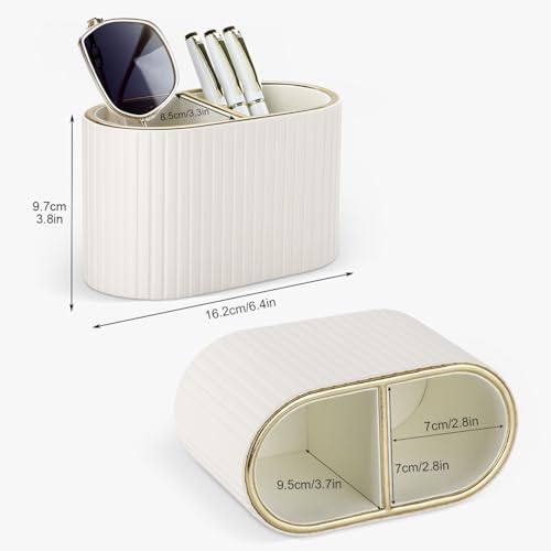 KINGFOM PU Leather Desk Organizer Pen Holder – Dual-Compartment Stylish Pencil Cup Remote Control Holder Desktop Supplies and Accessories Organizer Caddy for Office Home School (Light Beige) - Image 2