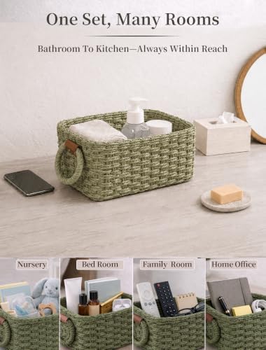 Small Wicker Baskets, 3 PCS Paper Rope Baskets for Shelves, Green - Image 6