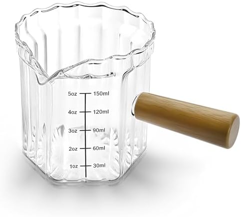 Espresso Measuring Cup 5 Oz, Espresso Glass Cups with Wood Handle, Milk Frothing Cup, Espresso Cup for Coffee, Milk, Tea or Maple Syrup Serving (Transparent, 5 oz) by Unknown