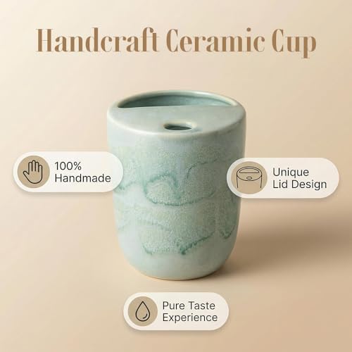 Handmade Ceramic Coffee Mug with Half Lid, 17oz Unique Tea Coffee Cup with Sip-top Lid, Sea Foam - Image 2