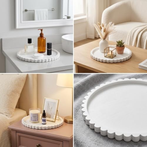 11.8 Inch Round Tray with Scalloped Edge, Decorative White Wood Tray for Coffee Table, Kitchen, Dining Room, Living Room Home Decor, Organization and Serving - Image 6