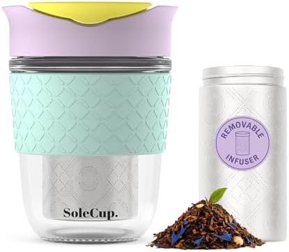 Travel Mug Loose Tea Infuser - Detachable Tea Strainer with Spillproof Lid - BPA-Free Reusable Glass Travel Coffee Cup with Silicone Band (Ice Cream, 12oz) by SoleCup