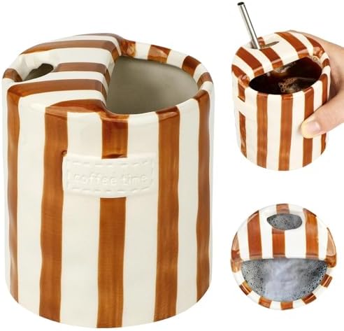Novelty Ceramic Coffee Mug with Sip Hole, Retro Striped Hand-Painted Design by Suteng