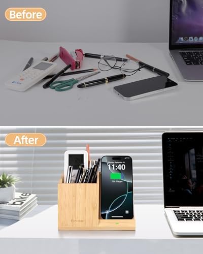 3-in-1 Bamboo Wireless Charger with Desk Organizer, Pen Holder for Desk - Image 3