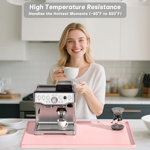 Rnivvi Silicone Coffee Mat, 16" x 24" Waterproof Raised Edge Coffee Bar Mats for Espresso Machine Station Accessories, Heat Resistant Dish Drying Pad for Kitchen Counter, Rubber Bar Decor Pad, Pink - Image 2