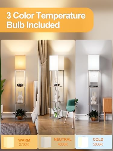 Floor Lamp with Shelves for Living Room Oak Gray, Shelf Floor Lamp with 3 CCT LED Bulb, Corner Display Standing Column Lamp Etagere Organizer Tower Nightstand with White Linen Shade for Bedroom Office - Image 3