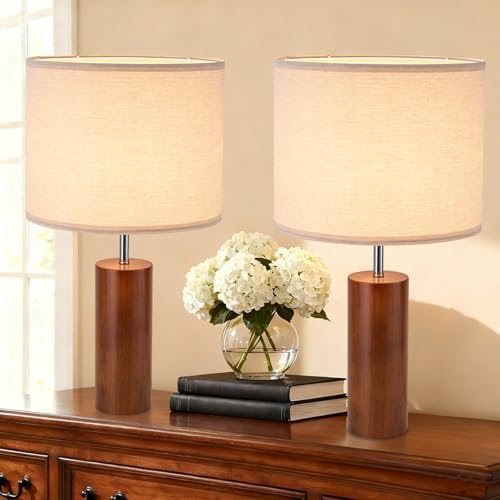 lapupu 23.5" Wood Table Lamps Set of 2 for Living Room, Vintage Farmhouse Bedside Lamps for Bedroom, Large Round Desk Lamps for End Table Nightstand, Walnut Wood - Image 5