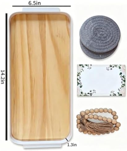 Wooden Tray with Iron Frame & Handles, 14 * 6.5 * 1.3 in Light Yellow Rectangle Serving Platter, Decorative Snack Tea Tray, Candle Holder, Food Storage Organizer, Home Kitchen Dining Table Decor - Image 2