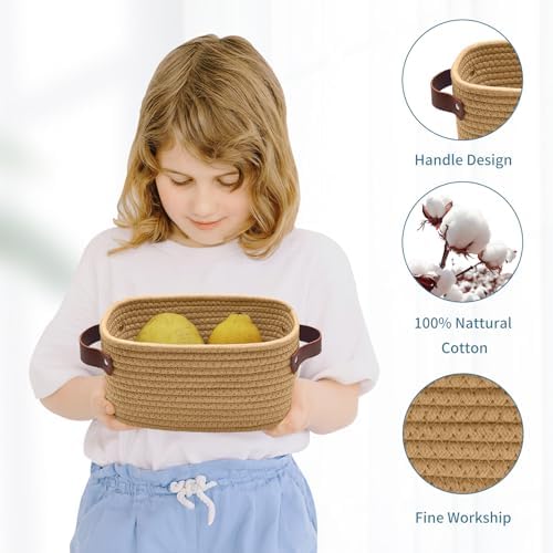 ABenkle Small Storage Basket, Mini Baskets with Handle, Cute Cotton Woven Baskets for Shelves, Boho Decorative Toy Storage Bin for Nursery, Spa, Empty Gift Basket - XS, Brown - Image 4