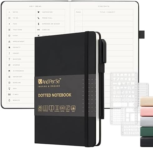 &And Per Se Dotted Notebook with Pen, 176 Numbered Dotted Pages, A5 Hardcover, Journal Stencils & Fineliner Pen for Beginners Women Men (Black) by AndPerSe