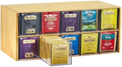 TIMIEEYA Tea Bag Organizer - Bamboo Tea Storage Organizer With Drawer 2 Layer, Tea Organizer for Tea Bags Natural Wood & Acrylic for Countertop Office Kitchen Cabinet Pantry by TIMIEEYA