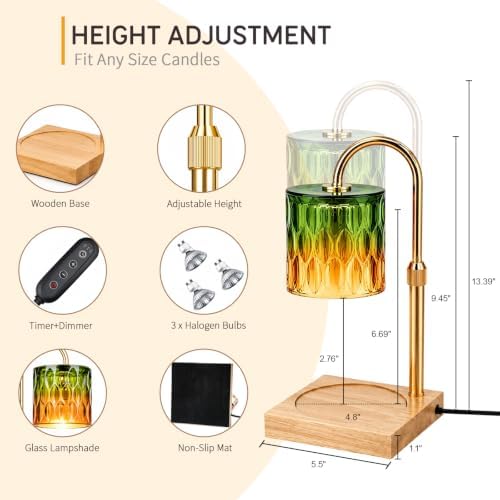 TOACSUCP Candle Warmer Lamp with 3 Bulbs, Adjustable Height Dimmable Candle Warmer with Timer, Compatible with Large Jar Candles, Candle Lamp with Charming Gift Box Ribbon for Her/Him (Green Orange) - Image 2
