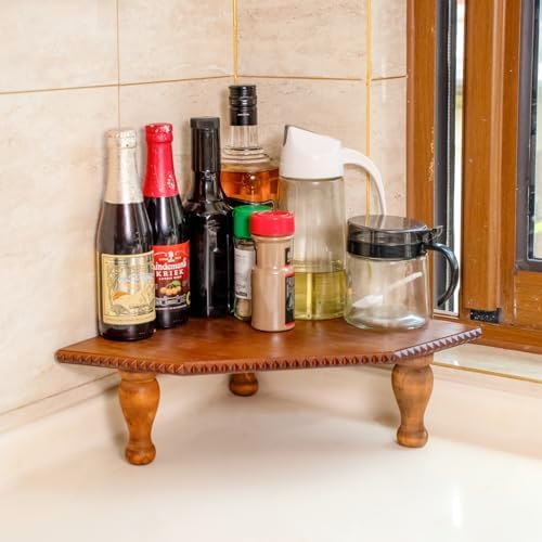 OKSQW Wood Corner Counter Shelf Framehouse Decorative Tray Stand for Kitchen Bathroom Riser Organizer Coffee Bar Display Shelf with Detachable Legs (DarkBrown) - Image 4