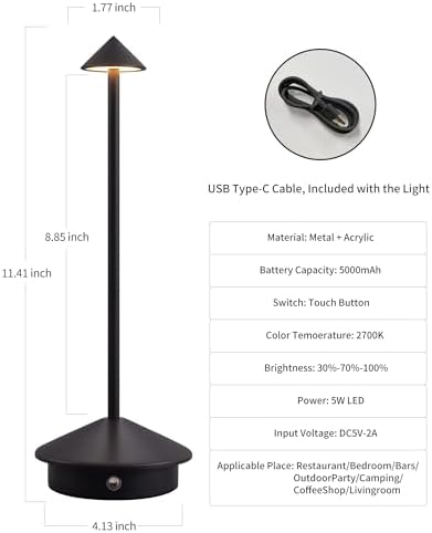 Modern Cordless Table Lamp Set of 2, Black Portable LED Desk Lamps - Image 5