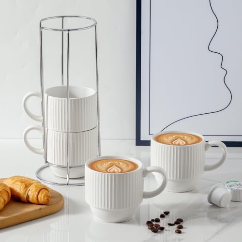 Hasense White Ceramic Coffee Mugs Set With Holder- 12 oz Stackable Coffee Cups Ceramic, Modern Ribbed Latte Cup Sets for Cappuccino, Tea, Espresso, Hot Cocoa, Drinks - Dishwasher & Microwave Safe - Image 2