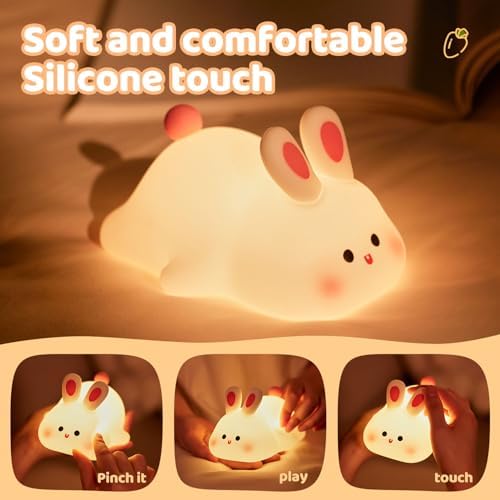 Rytinazzz Silicone Night Light for Kids, 50H Long Battery Big Face Rabbit Lamp, Gift for Kids, Soft Dimmable Bedside Light, Rechargeable Tap Control - Image 3