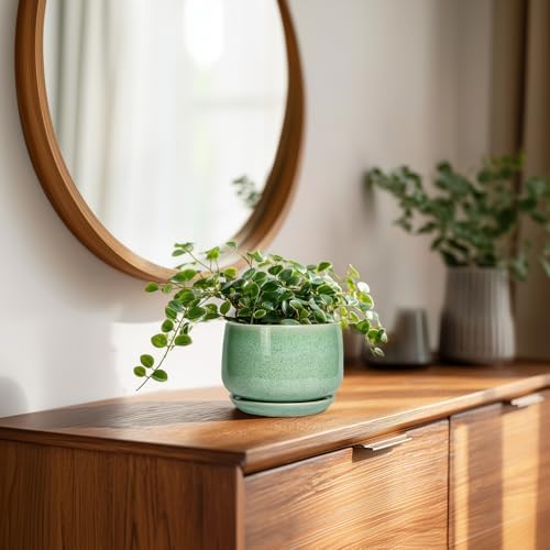 G EPGardening Ceramic Plant Pot - 4 inch Plant Pots with Drainage Hole & Saucer, Small Pots for Plant Indoor Outdoor, Modern Round Planter, Decorative Flower Pot, Room Decor, House Warming Gift, Green - Image 3