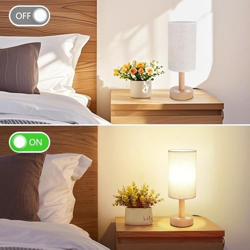 Small Bedside Table Lamp with AC Outlet, Natural Wood Base & Linen Shade, Mini Cute Cozy Warm White Nightstand Boho Lamp, Study Desk Night Stand Light for Bedroom, Kitchen, Nursery, Living Room - Image 7