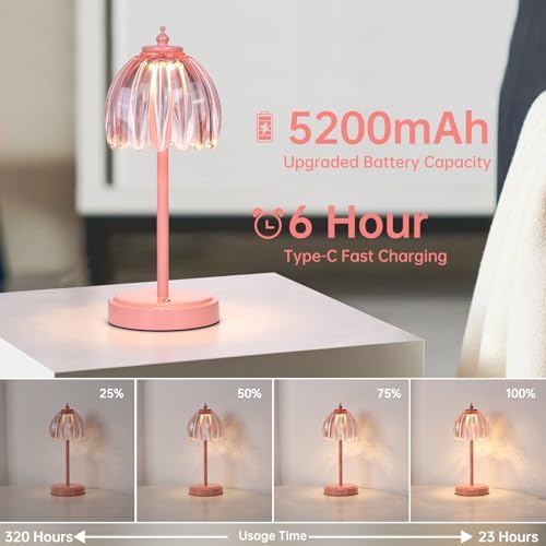 Shenmoyl Rechargeable Table Lamp with 5200mAh Battery & Touch Control - 3 Adjustable Color Temperatures, Cordless Dimmable Table Light for Bedroom, Office Desk, Nightstand (Clear Pink,Pink Base) - Image 2