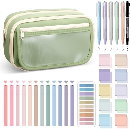 Jutom 39 Pcs Aesthetic Book Annotation Kit Highlighter with Pencil Case Bag Gel Pen Transparent Sticky Note Taking Bible Study College School Supplies (Green,Minimalist Style) by Jutom