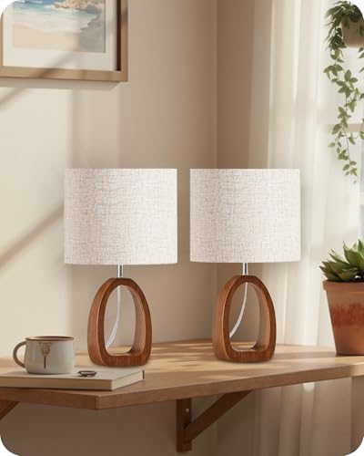 Wood Table Lamps Set of 2, 14.2" Small Bedside Lamp with Beige Linen Lampshade & Dark Pearwood Base, Modern Nightsantd Lamps, Cute Desk Lamp for Small Space, Bedroom, E26 Base, LE07TLP205 by GOEBLESON